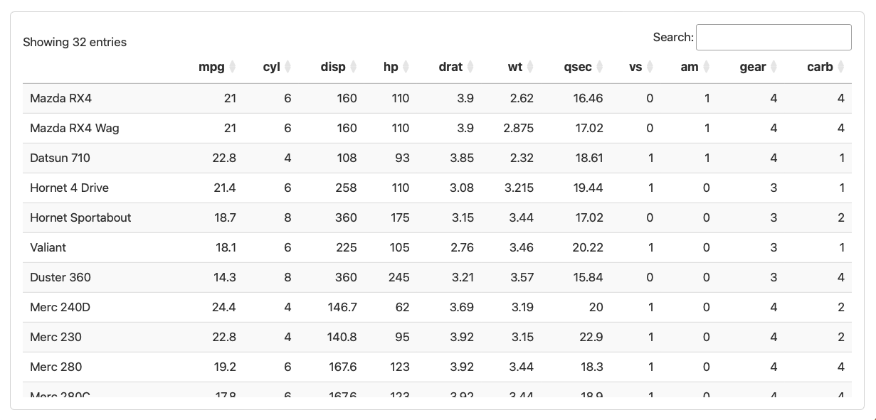 Screenshot of a card showing a table of penguins data. Above the table a Search box appears. The data frame column names appear bold in a row at top and each columns has sorting buttons.