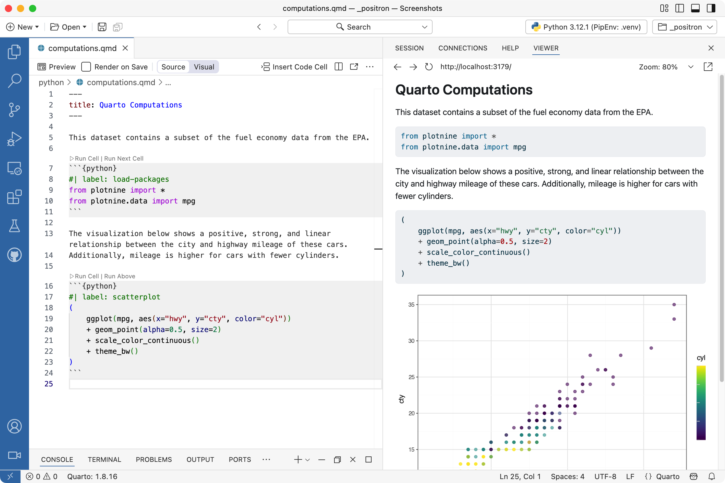Positron with `computations.qmd` open in the Editor. The document is being previewed in the Viewer.